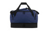 A navy blue duffle bag with a black base and multiple zippered compartments. It features two handles for easy carrying.