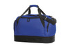 A duffle bag in vibrant blue with black accents, featuring zippered pockets and dual handles.