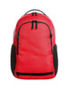 A red backpack with black accents, featuring a main compartment and side pockets. It has a logo on the front.