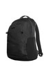 A black backpack featuring multiple zippered compartments and a side pocket, designed with padded straps for comfort.