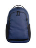 A navy blue backpack with black accents, featuring multiple zippered compartments and a logo.