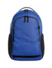 A blue backpack with black accents featuring multiple zippered compartments and a logo.