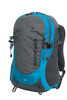 A grey and blue backpack featuring multiple zippers and a spacious design, with a logo on the front.