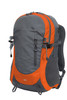 A grey and orange backpack featuring multiple compartments, zippers, and a padded back for comfort.
