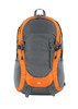A grey backpack with orange accents, featuring zippers and a logo on the front.