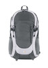 A grey backpack with light grey accents, featuring multiple zippers and pockets, and a logo on the front.