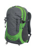 A grey and green backpack with multiple compartments and a logo, designed for outdoor use.