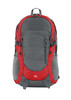 A grey and red backpack with multiple compartments and a logo at the front. Features adjustable straps.