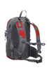 A grey and red backpack featuring mesh padding and adjustable straps, with a logo on the side.