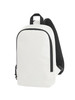 A white backpack with a black mesh strap and side zipper, featuring a simple design and a logo.