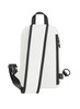 A white backpack with a black strap and zipper, featuring a logo on the side.