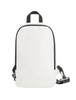 A white backpack with a black zipper and strap, featuring a logo. Suitable for casual or promotional use.