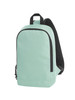 A mint green backpack with a sleek design, featuring a black strap and mesh backing. It has a logo on the front.