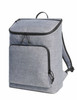 A grey cooler backpack with a top flap, featuring a front pocket and black trim. It includes adjustable shoulder straps.