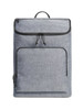 A grey cooler backpack featuring a main compartment and a front zippered pocket. It has a logo on the surface.