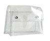 A clear, transparent bag featuring press buttons and stitch detailing. It has a sleek design suitable for various uses.