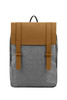 A grey laptop backpack with a brown faux leather flap and two front straps, featuring a simple design and logo.