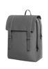 A grey urban notebook backpack with a flap closure and adjustable straps, featuring a logo on the front.