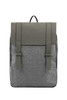A laptop backpack in grey fabric with a contrasting grey flap and two front straps, featuring a simple logo.