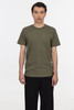 A plain olive green short sleeve fine jersey crew tee displayed on a model, featuring a logo.