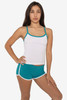 A white spaghetti tank top with teal accents, paired with teal shorts featuring white trim. It has a logo.