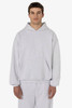 A light grey heavy fleece hood pullover with a relaxed fit and a front pocket. Features a logo on the garment.