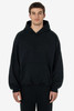 A black heavy fleece hood pullover with a front pocket and a hood, displayed on a model.