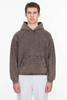 A heavy fleece hooded pullover in a mineral wash brown colour, featuring a front pocket and a loose fit.
