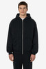 A black heavy fleece zip-up hoodie featuring a front zip and a hood, modelled by a young man.