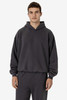 A dark grey garment dye plush fleece pullover hoodie with a hood, featuring a relaxed fit and long sleeves.