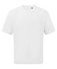 A white oversized t-shirt featuring short sleeves and a branding logo.