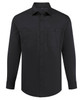 A black button-up shirt featuring long sleeves and two chest pockets, with a logo visible.