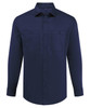 A navy button-up shirt featuring a collar and two front pockets. The shirt has a logo on it.