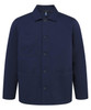 A navy blue chore jacket with a collared neckline, button front, and two front pockets. It features a logo.