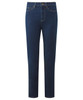 A pair of women's straight-leg jeans in dark blue denim with visible stitching and a front button.