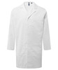 A white work coat featuring three pockets and a collar, designed for lab use. It includes a logo.