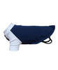 A dog’s raglan t-shirt in navy blue with a white collar and sleeves. Features an opening for leash attachment.