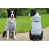 A grey hoodie designed for dogs, featuring a hood and short sleeves, worn by two dogs in a grassy outdoor setting.