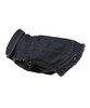A dark denim jacket for dogs featuring a frayed hem and a button detail, with a branding logo visible.