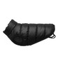 A black puffer jacket designed for dogs, featuring a rounded neck and a circular attachment area.