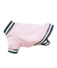 A pink dog's varsity jacket with black and white stripes along the sleeves and bottom. It features a logo.