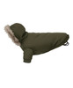 A dog parka jacket in olive green with a faux fur-lined hood and adjustable features. It has a logo on the side.