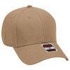 A tan, six-panel low-profile baseball cap with a structured design and a branded label.