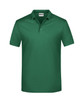 A green polo shirt featuring a collar and a front placket with buttons, with one logo present.