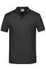 A black polo shirt featuring a collar, short sleeves, and a button placket, with a logo on the chest.