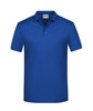 A blue polo shirt featuring a collar and three buttons, with a logo on the chest area.