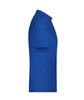 A royal blue polo shirt is displayed from the side, featuring a collar and short sleeves, along with a logo.
