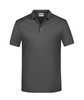 A dark grey polo shirt with a collar and three buttons, featuring a branding logo.