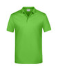 A bright green polo shirt with a classic collar and short sleeves, featuring a logo on the upper left.