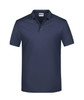 A navy polo shirt with a collar and three buttons, featuring a logo on the chest.